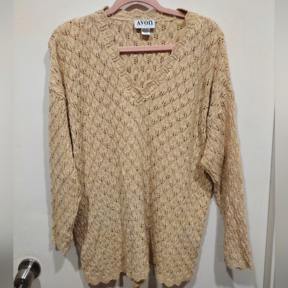Avon Style Vintage Gold Sparkle Pointelle Knit Sweater Sz M/L Grandmacore Fairy - Picture 1 of 7